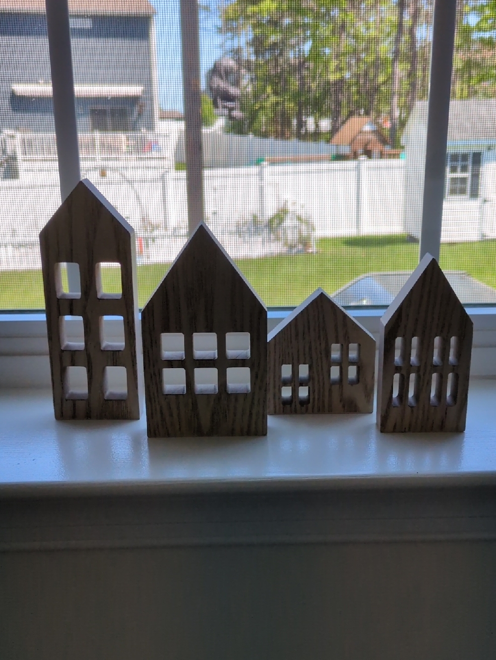 Set of 4 Decorative Wooden House Ornaments - Natural Wood